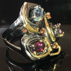 Gorgeous Genuine Amethyst, Topaz,  Rhodolite Ring